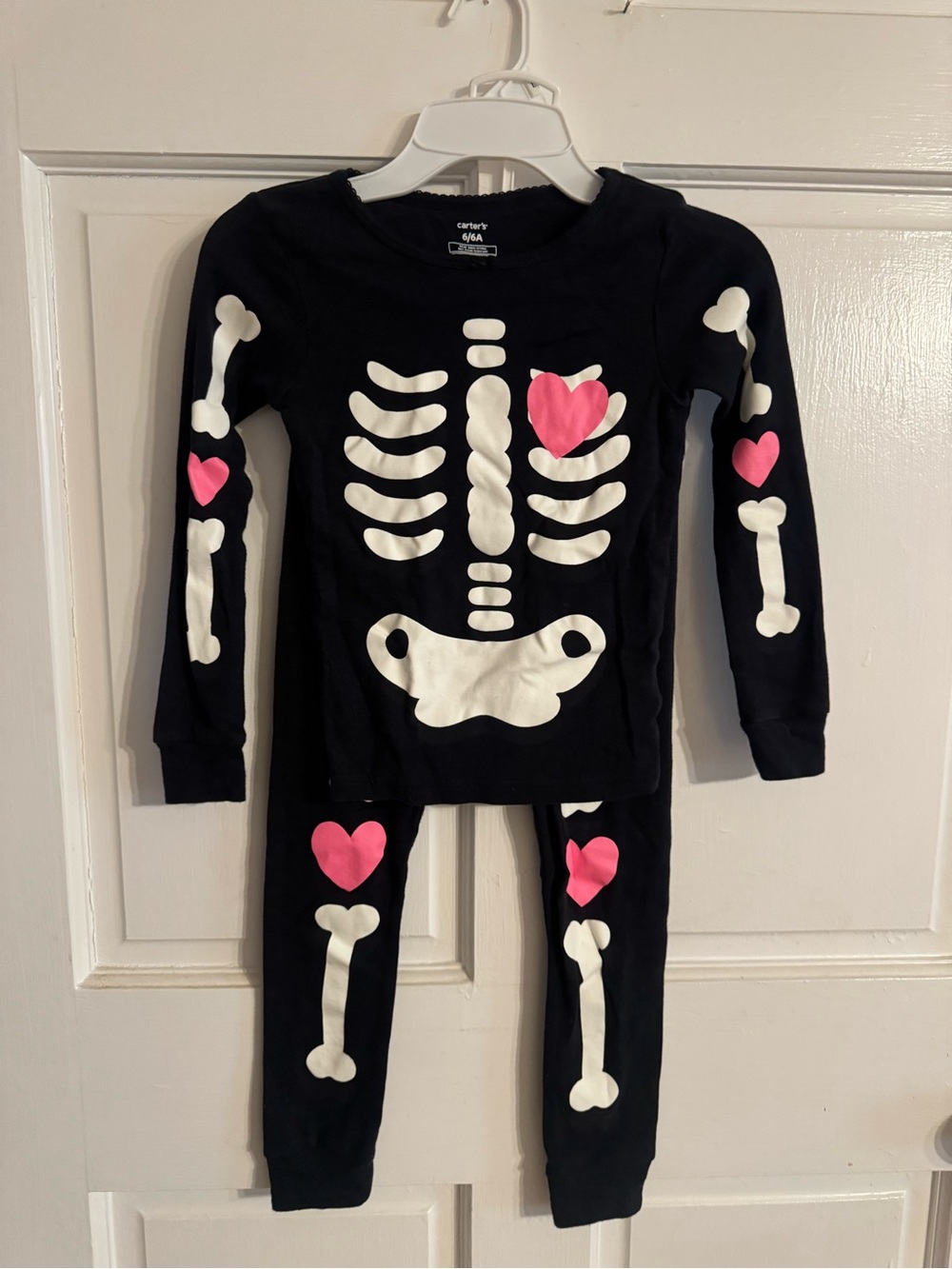 Carter's Girls Sz 6/6A Black Skeleton Pajama Set with Pink Heart Accents